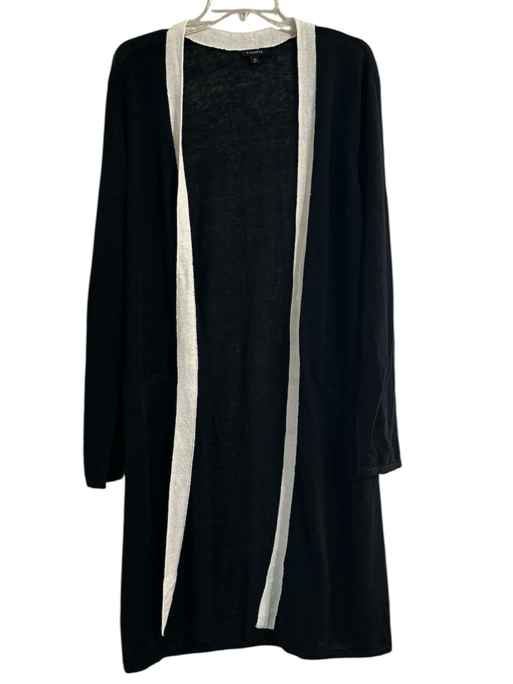 Talbots Medium Black Ivory Linen Blend Long Line Duster Cardigan Sweater Pockets - Picture 1 of 6